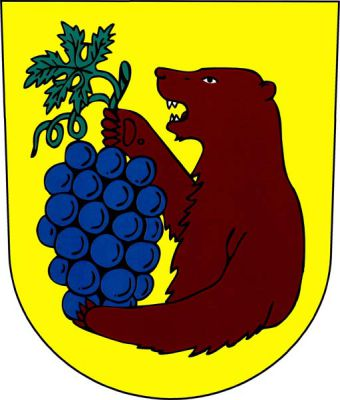 Ve zlatém štítě polovina medvěda přirozené barvy držící před sebou modrý vinný hrozen se zeleným stonkem, listem a úponkem. Znak Ledce