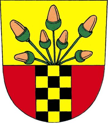 Ve zlato-červeně děleném štítě sedm ze středu vyrůstajících žaludů přirozené barvy, střídavě čtyři malé a tři velké. Dole třemi řadami černo-zlatě šachovaný kůl. Znak Lednice