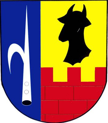 V modro-zlatě vpravo polceném štítě vpravo stříbrný hrot kopí s hákem, vlevo nad červenou kvádrovanou hradbou s cimbuřím černá býčí hlava s krkem. Znak Lelekovice