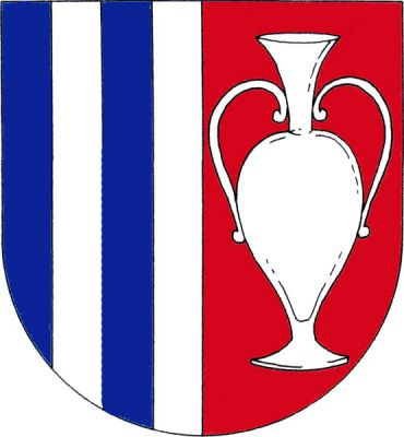 Polcený štít, pravé pole třikrát modro-stříbrně polcené, v levém červeném poli stříbrná amfora. Znak Lenora