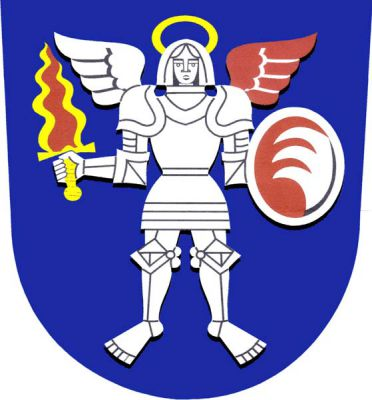V modrém štítě archanděl Michael ve stříbrné zbroji se stříbrným a červeným křídlem, držící v pravici plamenný meč a v levici oválný štít s erbem Kinských - v červeném poli tři stříbrné vlčí zuby. Znak Lešná