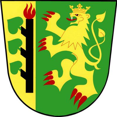 Ve zlato-zeleně vpravo polceném štítě vpravo vztyčená nahoře červeně hořící černá ostrev se třemi pravými suky se zelenými listy, vlevo zlatý korunovaný dvouocasý lev s červenou zbrojí. Znak Lesná