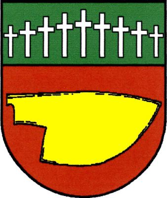 Zeleno-červeně zvýšeně dělený štít, nahoře devět stříbrných křížů, prostřední nejvyšší, ostatní ustupující. Dole zlatá, doleva položená radlice. Znak Lesní Hluboké