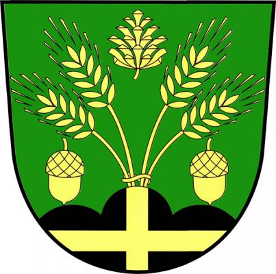 V zeleném štítě z černého trojvrší se zlatým heroldským křížem vyrůstají čtyři odkloněné svázané klasy. Nahoře mezi nimi vztyčená borová šiška a po stranách dva svěšené žaludy, vše zlaté. Znak Leština