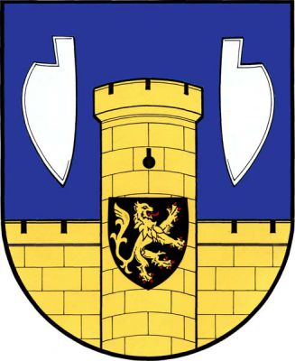 V modrém štítě zlatá kvádrová hradba s baštou a cimbuřím a jednou střílnou. Na baště je zavěšen černý gotický štítek se zlatým, doleva obráceným lvem ve skoku. Bašta je provázena dvěma stříbrnými odvrácenými radlicemi. Znak Levínská Olešnice