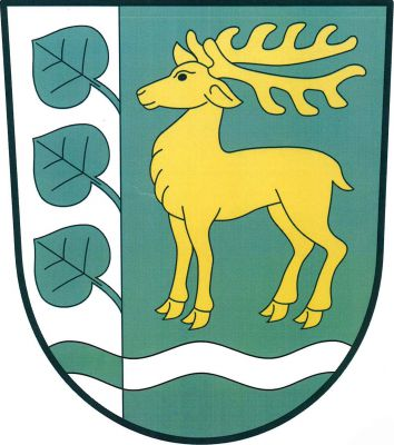 Stříbrno-zeleně vpravo polcený štít se zúženým vlnitým břevnem opačných barev v patě. Vpravo tři zelené lipové listy kosmo vyrůstající nad sebou, vlevo zlatý jelen. Znak Lhánice