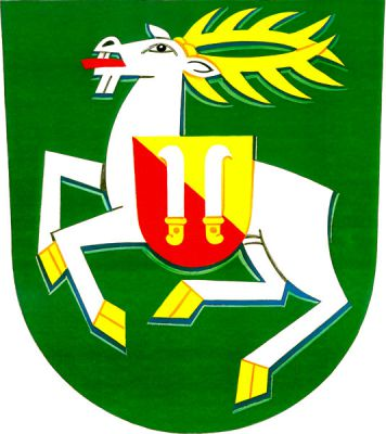 V zeleném štítě stříbrný běžící jelen se zlatou zbrojí, na něm položen ditrichštejnský štítek. Znak Lhota