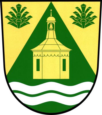 Ve zlatém štítě zelený hrot, v něm nad dvěma sníženými stříbrnými vlnitými břevny zlatá polygonální kaple se dvěma prázdnými okny a zvonem v lucerně. Hrot provázejí dvě vztyčené zelené borové šišky. Znak Lhota