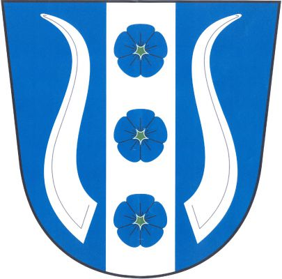 V modrém štítě stříbrný kůl se třemi květy lnu přirozené barvy pod sebou provázený dvěma stříbrnými volskými rohy. Znak Lhota u Olešnice