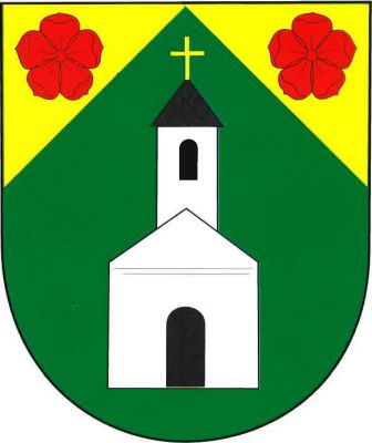 V zeleném štítě se zlatými kouty stříbrné průčelí kaple s černým vstupem a s věží. Věž stříbrná s černým obloukovým oknem a černou kuželovou střechou zakončenou zlatým křížkem. V koutech po červené růži. Znak Lhotka