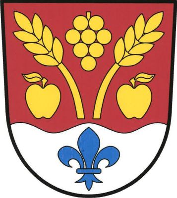 V červeném štítě nad stříbrnou vlnitou patou s modrou lilií dva odkloněné obilné klasy provázené nahoře vinným hroznem a po stranách jablky s odvrácenými listy, vše zlaté. Znak Lhotka nad Labem