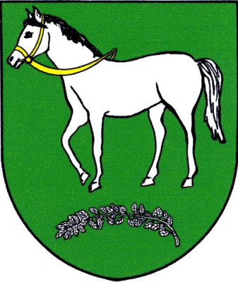 V zeleném štítě nad obloukovitě prohnutou stříbrnou větévkou stojící stříbrný kůň se zlatým uzděním. Znak Lhotsko