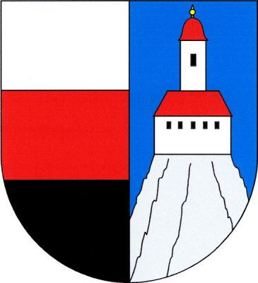 Polcený štít, vpravo stříbrno-červeno-černě dělený, v levém modrém poli na skále přirozené barvy stříbrná budova s pěti černými okny a červenou valbovou střechou, z níž vyniká stříbrná věž s jedním černým oknem a červenou přilbicovou střechou se zlatou makovicí. Znak Libá
