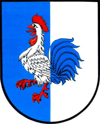 V modro-stříbrně polceném štítě vykračující kohout opačných barev s červenou zbrojí. Znak Libčany