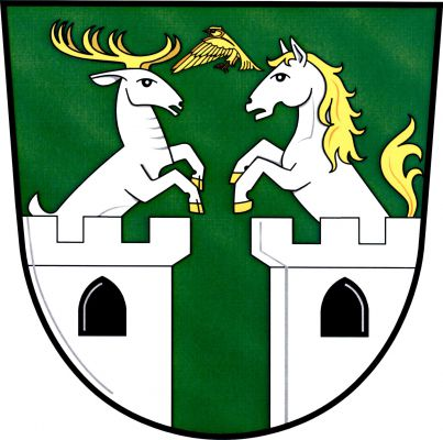 V zeleném štítě dvě snížené stříbrné věže s cimbuřím do krajů a černým gotickým oknem. Z pravé věže vyskakuje doleva jelen, z levé kůň, oba stříbrní se zlatou zbrojí. Nahoře mezi nimi letící zlatý skřivan. Znak Libchavy