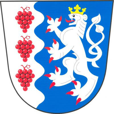 Ve stříbrno-modře vpravo vlnitě polceném štítě vpravo tři červené vinné hrozny se stopkou, vlevo stříbrný korunovaný dvouocasý lev s červenou zbrojí a jazykem. Znak Liběchov