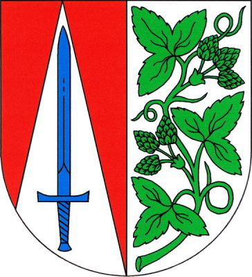 V červeno-stříbrně polceném štítě vpravo stříbrný hrot se vztyčeným modrým mečem, vlevo vztyčený zelený chmelový šlahoun se třemi listy a dvěma stonky, každý s třemi šišticemi. Znak Liběšice