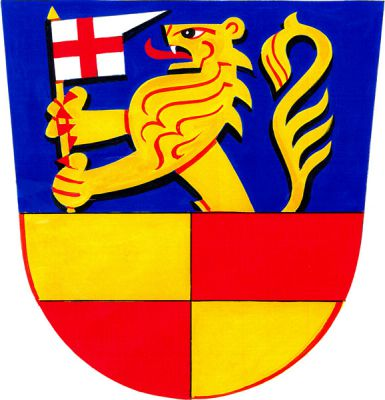 Dělený štít v horním modrém poli vyrůstá zlatý lev s červenou zbrojí, držící stříbrný praporec s ocasem s červeným heroldským křížem na zlaté žerdi, dolní pole zlato-červeně šachované. Znak Libina