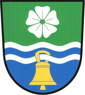 Zeleno-modře stříbrně lemovaným modrým břevnem dělený štít. Nahoře stříbrný květ lnu, dole zlatý zvon zavěšený na spodním lemu břevna. Znak Libňatov
