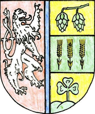 Modrým zúženým břevnem polcený štít. V pravé červené polovině stříbrný dvouocasý lev ve skoku obrácený doleva. Levá polovina dvakrát dělena. Nahoře ve zlatém poli zelený stonek se dvěma chmelovými šiškami, uprostřed v zeleném poli tři zlaté obilné klasy, dole ve zlatém poli vyrůstá ze zeleného dvouvrší zelený jetelový trojlístek. Znak Libořice