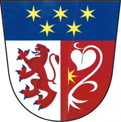 Stříbrno-červeně polcený štít s modrou hlavou s pěti (3, 2) zlatými hvězdami. Vpravo červený lev s modrou zbrojí a jazykem, vlevo stříbrné vykořeněné lekno provázené vpravo levou půlí zlaté osmihroté hvězdy. Znak Libovice