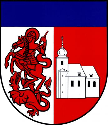 Ve stříbro-červeně polceném štítě s modrou hlavou vpravo svatý Jiří na koni, probodávajícím kopím draka, vše červené, vlevo stříbrný kostel s věží vpravo. Znak Lichoceves