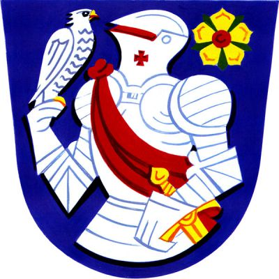 V modrém štítě polovina stříbrného rytíře s kolčí přilbou, červenou šerpou od pravého ramene a zlatým mečem u boku, držící v pravici stříbrného jestřába se zlatou zbrojí a provázená vlevo nahoře zlatou růží s červeným semeníkem. Znak Linhartice