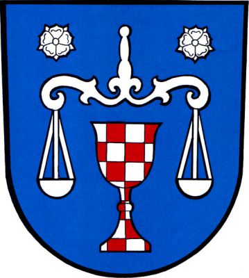 V modrém štítě nad stříbrno-červeně šachovaným pohárem váhy provázené nahoře dvěma růžemi, vše stříbrné. Znak Liptaň