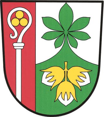 Červeno-stříbrně vpravo polcený štít. V pravém poli vyrůstající stříbrná berla se třemi (1, 2) zlatými koulemi v závitu. V levém poli zelený vydutý hrot zakončený listem jírovce. V hrotu tři svěšené stříbrné oříšky na zlaté stopce. Znak Lískovice