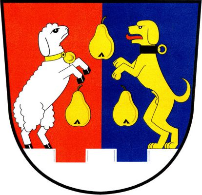 V červeno-modře polceném štítě v patě stříbrné cimbuří se třemi stínkami, na krajních stojí stříbrná ovce se zlatým obojkem s rolničkou, černou zbrojí a zlatý pes s červeným jazykem a černým obojkem se zlatým kroužkem, vzpřímené a přivrácené, mezi nimi tři (1,2) zlaté hrušky. Znak Lišnice