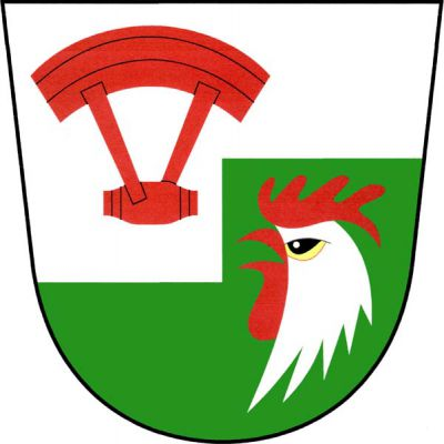 Ve stříbrno - zeleně doleva stupněm děleném štítě nahoře červený korbel, dole stříbrná utržená kohoutí hlava s červenou zbrojí. Znak Litoboř
