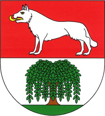 V červeno-stříbrně děleném štítě nahoře stříbrný vlk se zlatým jazykem, dole na zeleném trávníku smuteční vrba přirozené barvy. Znak Lkáň