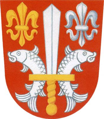 V červeném štítě dva vztyčení odvrácení stříbrní lososi přeložení záštitou vztyčeného stříbrného meče se zlatým jílcem a provázeného nahoře zlatou a stříbrnou lilií. Znak Lobendava