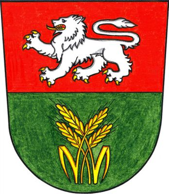 V červeno-zeleně děleném štítě nahoře stříbrný vykračující lev, dole čtyři propletené zlaté obilné klasy, krajní s jedním listem. Znak Ločenice