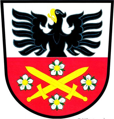 Stříbrno-červeně dělený štít, nahoře vyrůstá černá orlice se zlatou zbrojí, dole dva zkřížené zlaté meče provázené čtyřmi stříbrnými růžemi se zlatými semeníky a zelenými kališními listy. Znak Loděnice