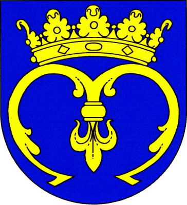V modrém štítě zlaté korunované unciální písmeno M. Znak Lodhéřov