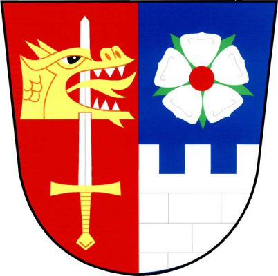V červeno-modře polceném štítě vpravo doleva obrácená zlatá dračí hlava se stříbrnými zuby, zespodu probodnutá stříbrným mečem se zlatým jílcem, vlevo nad stříbrnou kvádrovanou hradbou s cimbuřím stříbrná růže s červeným semeníkem a zelenými kališními lístky. Znak Lošany