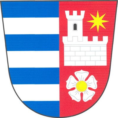 V modro-červeně polceném štítě vpravo tři stříbrná břevna. Vlevo, nad stříbrnou růží se zlatým semeníkem, volná kvádrovaná hradba, z ní vpravo vyniká věž s cimbuřím a černým obloukovým oknem, obojí stříbrné. Nad hradbou zlatá osmihrotá hvězda. Znak Losiná