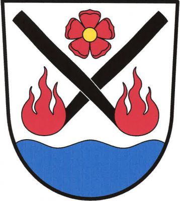 Ve stříbrném štítě nad modrou vlnitou patou zkřížené, dole vzhůru červeně hořící, černé louče. Mezi nimi nahoře červená růže se zlatým semeníkem. Znak Loučovice