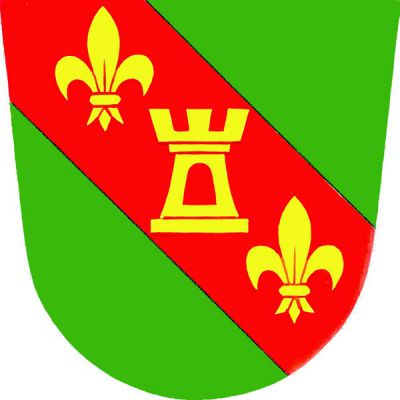V zeleném štítě červené kosmé břevno, v něm prolomená prázdná věž s cimbuřím, provázená dvěma liliemi, vše zlaté. Znak Louka