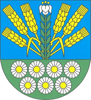 V modro - zeleně sníženě děleném štítě nahoře šest vějířovitě vyrůstajících zlatých obilných klasů, dva vnitřní s listem, vše přeloženo vyrůstající přirozenou lilií, dole sedm (4, 3) stříbrných květů se zlatými středy. Znak Louka u Litvínova