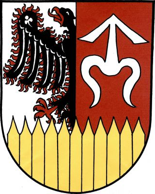 Ve stříbrno - červeně polceném štítě vpravo vyniká půl černé plamenné orlice s celou hlavou a s červenou zbrojí, vlevo stříbrná zavinutá střela. V patě zlatá palisádová hradba z jedenácti kůlů. Znak Lštění