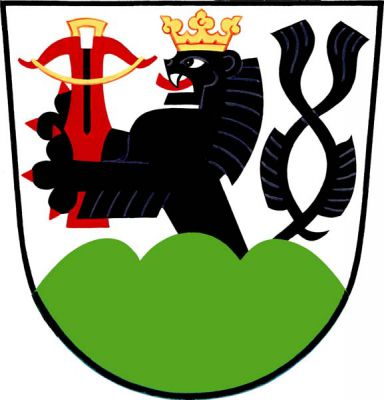 Ve stříbrném štítě, ze zeleného trojvrší vyrůstá černý zlatě korunovaný dvouocasý lev s červenou zbrojí držící červenou vztyčenou kuši se zlatou tětivou a napínacím třmenem. Znak Lubná