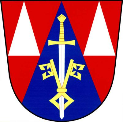 V červeném štítě v modrém hrotu provázeném dvěma stříbrnými kužely postavený stříbrný meč se zlatým jílcem prostrčený vztyčeným zlatým gotickým dvojklíčem. Znak Lubník