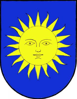 V modrém štítě zlaté slunce. Znak Luboměř