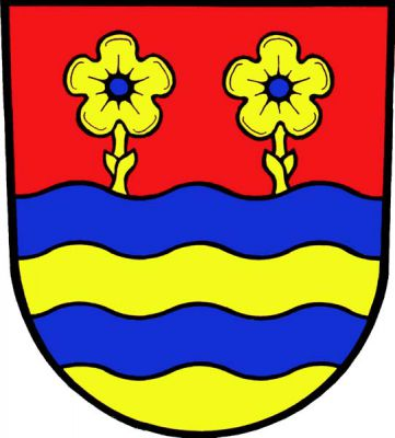 Zvýšeně vlnitě dělený štít, v horním červeném poli dva zlaté pětilisté luční květy s modrými středy na zlatých stoncích, dolní pole třikrát vlnitě modro-zlatě děleno. Znak Lučina