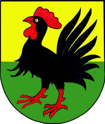 Ve zlato-zeleně děleném štítě černý kohout s červeným hřebínkem, lalokem a zbrojí. Znak Ludslavice