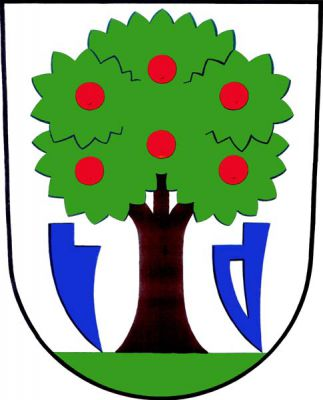 Ve stříbrném štítě na zeleném trávníku jabloň s plody přirozených barev, provázená vpravo modrým krojidlem a vlevo modrou radlicí. Znak Luhačovice