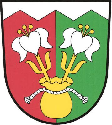 V červeno-zeleně polceném štítě pod stříbrnou zvýšenou pilovitou hlavou vyrůstají ze zlatého váčku, převázaného stříbrnou šňůrou, dvě odkloněné stříbrné přirozené lilie se zlatými tyčinkami na zlatých stoncích. Znak Luka