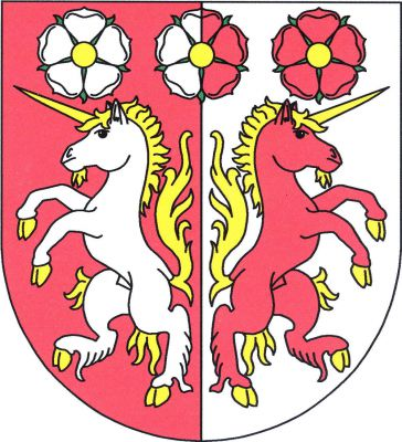 V červeno-stříbrně polceném štítě dva odvrácení jednorožci se zlatou zbrojí pod třemi růžemi vedle sebe, se zlatými semeníky a zelenými kališními lístky, vše opačných barev. Znak Lukavec